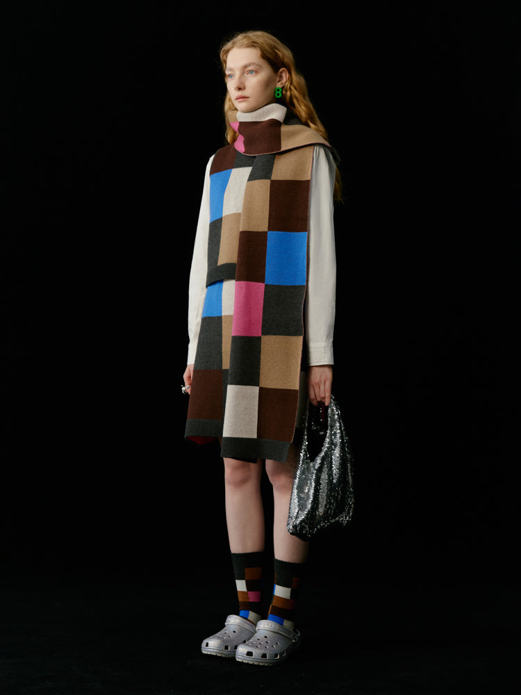 Multi-Color Colorful Block-Checked Knit Vest & Skit