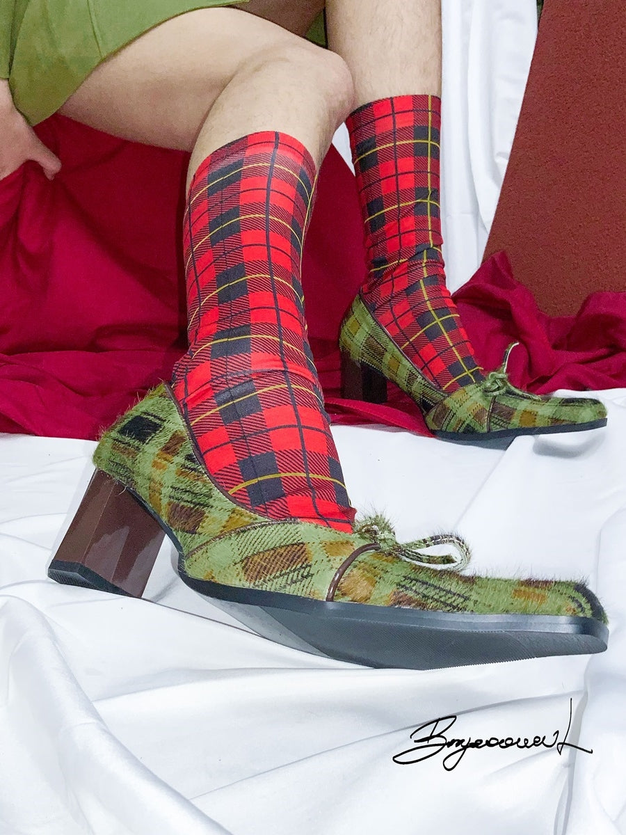 Plaid Retro Tweed Chunky-Heel Pumps