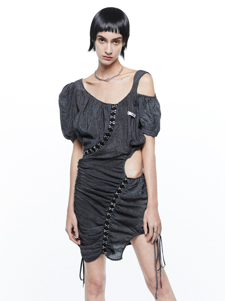 Wrinkled Side-cut Nichi Drawstring Gather One-piece