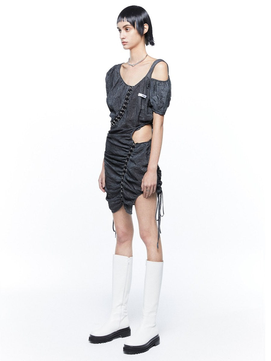 Wrinkled Side-cut Nichi Drawstring Gather One-piece