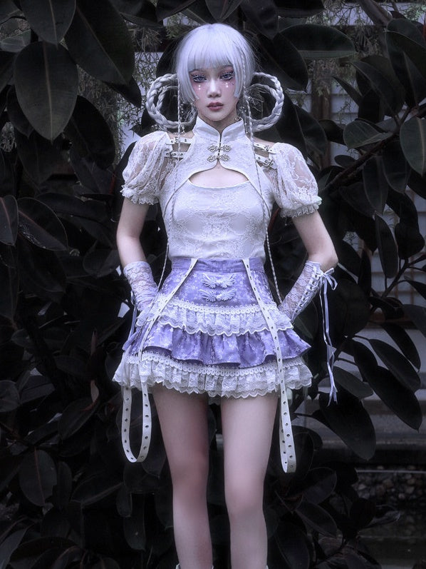 고딕 레이스 하이 자프-슬리브 블라우스