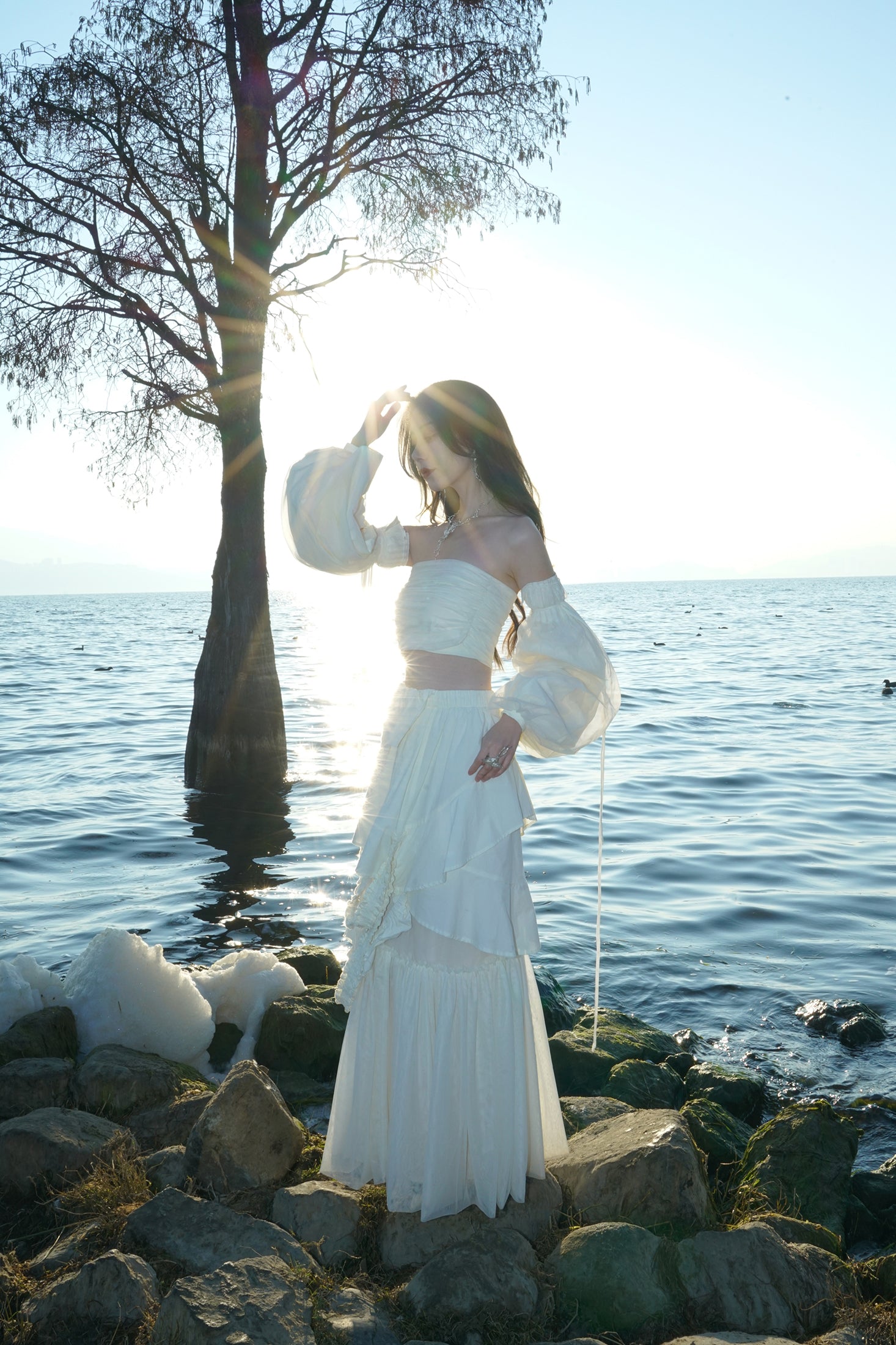 비대칭 계층 레이스 니치 긴 스커트