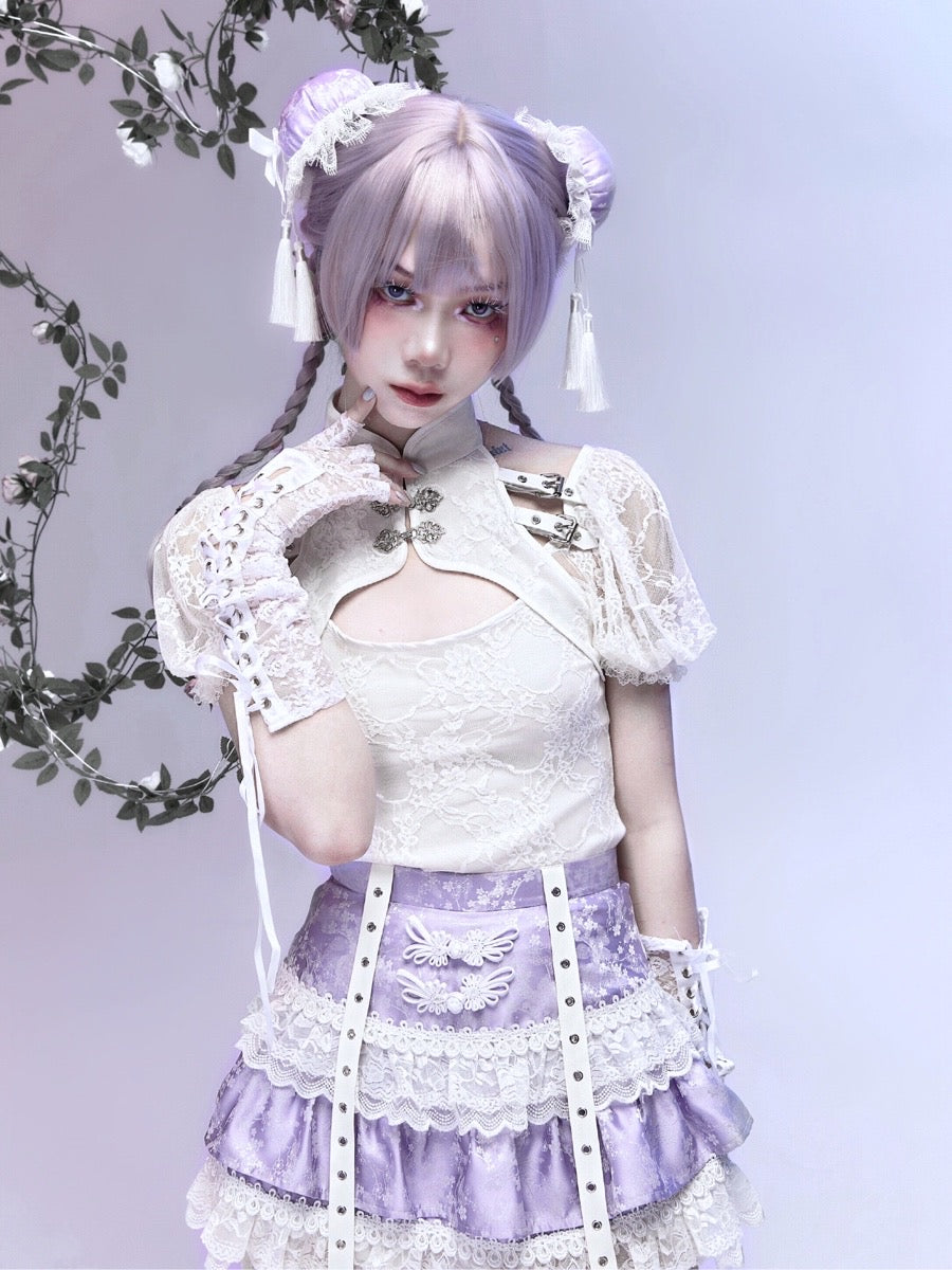 고딕 레이스 하이 자프-슬리브 블라우스