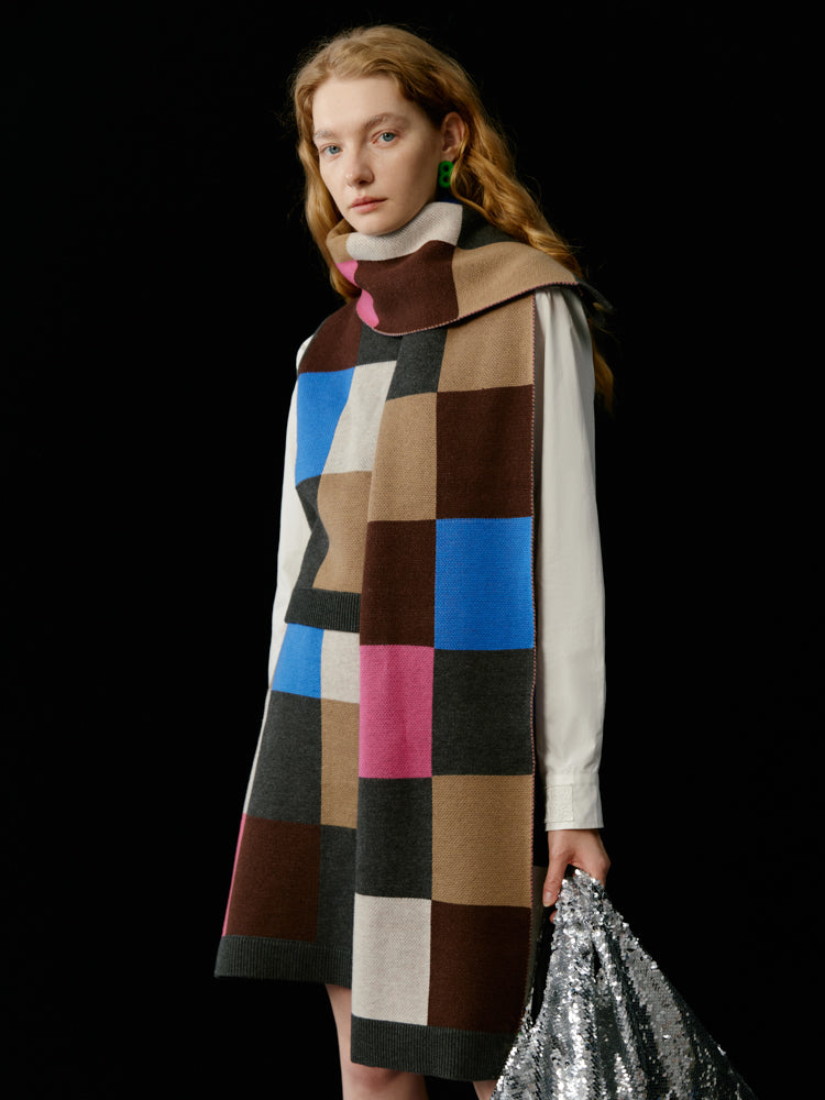 Multi-Color Colorful Block-Checked Knit Vest & Skit