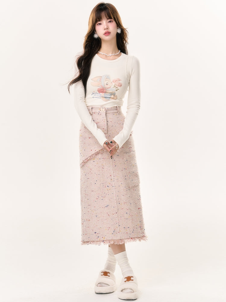 Tweed Tassel Floral Long Skirt