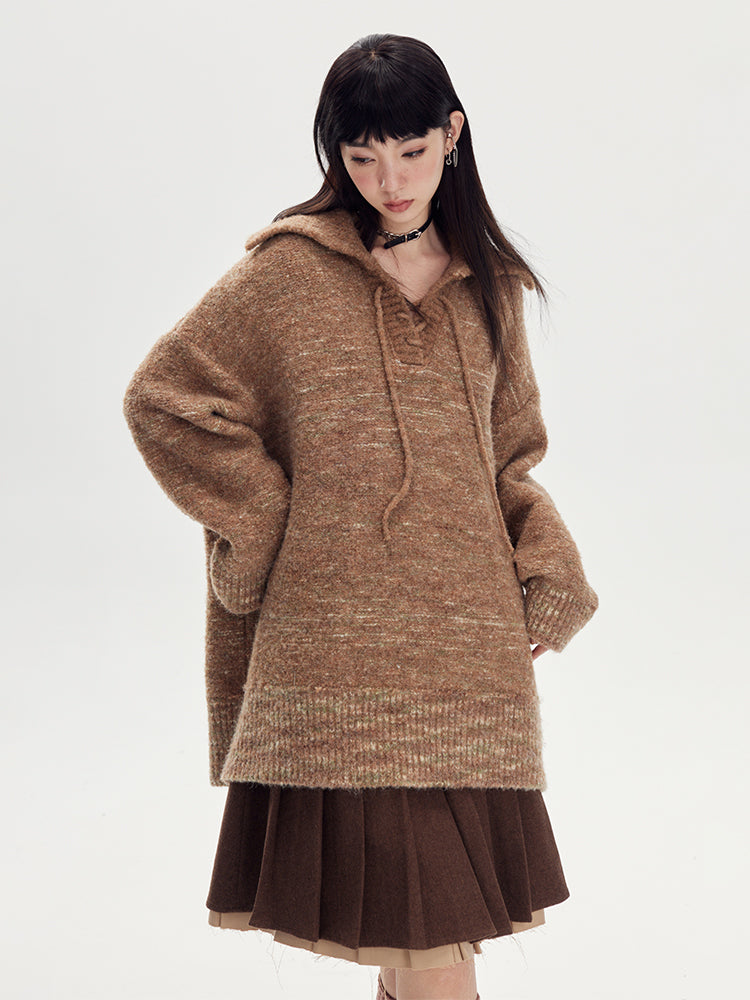 BORDER LOOSE BIG-COLLAR DAMAGE LACE-UP KNIT