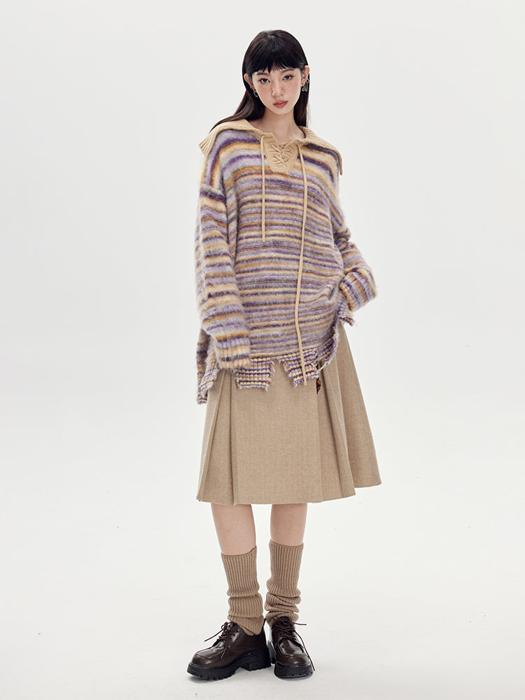 BORDER LOOSE BIG-COLLAR DAMAGE LACE-UP KNIT