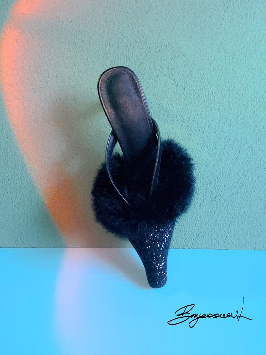 FUR GLITTER ELEGANT POINTED-TOE MULE