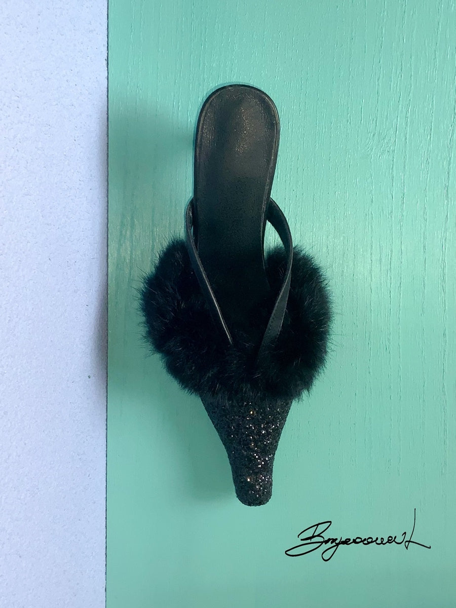 FUR GLITTER ELEGANT POINTED-TOE MULE