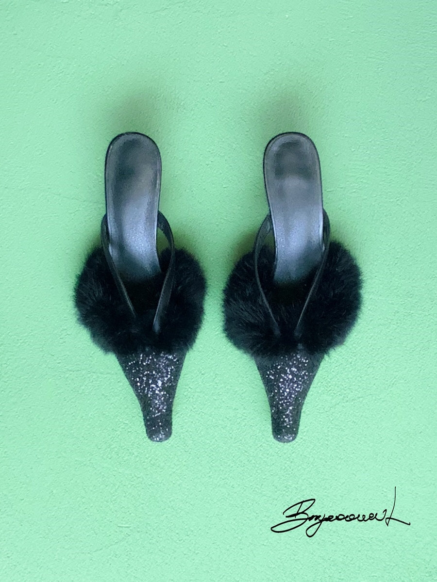 FUR GLITTER ELEGANT POINTED-TOE MULE