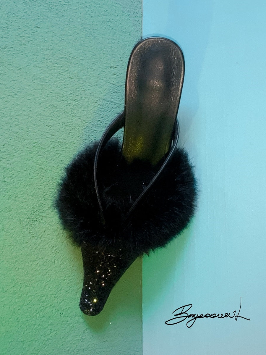 FUR GLITTER ELEGANT POINTED-TOE MULE