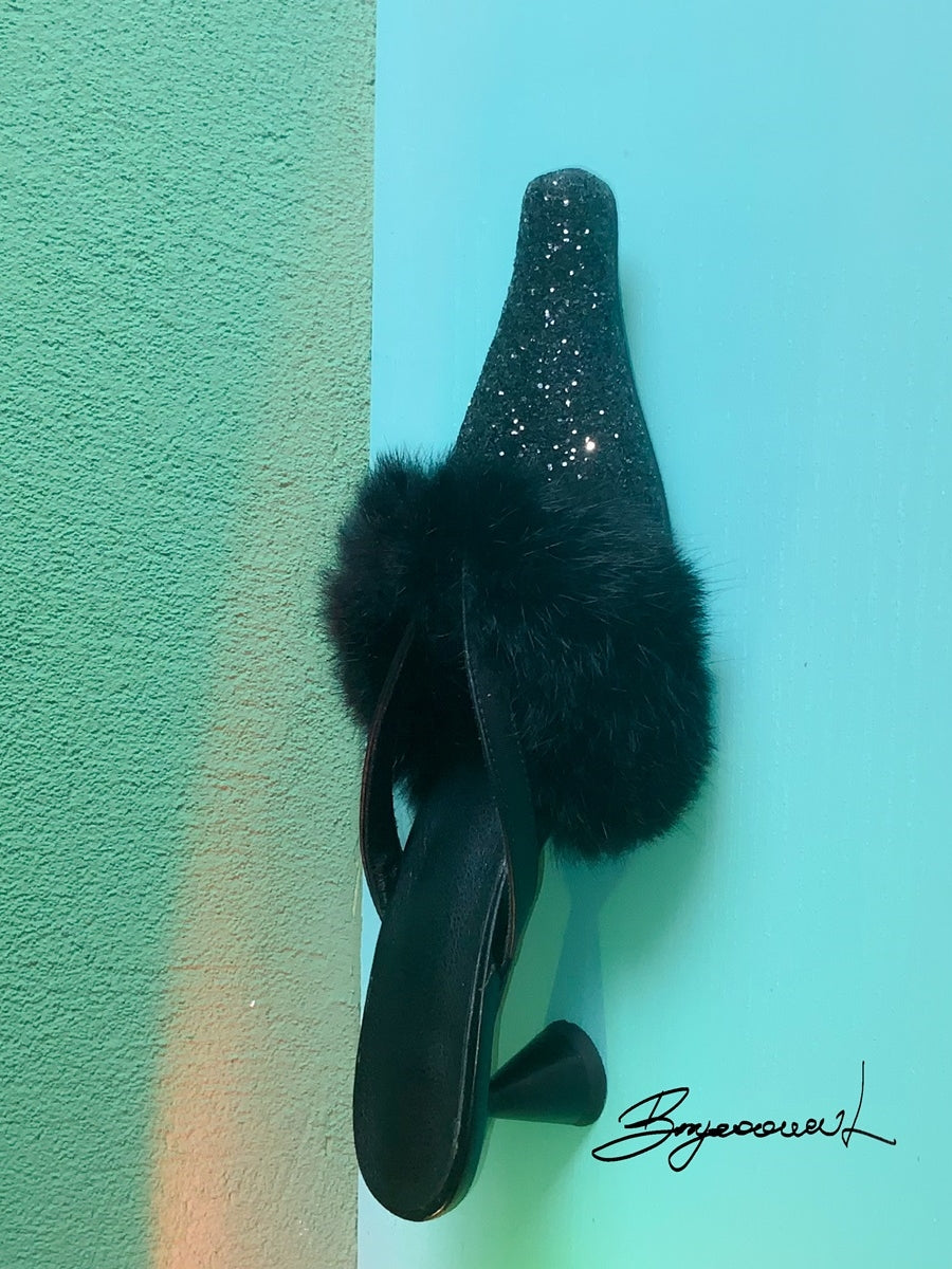 FUR GLITTER ELEGANT POINTED-TOE MULE