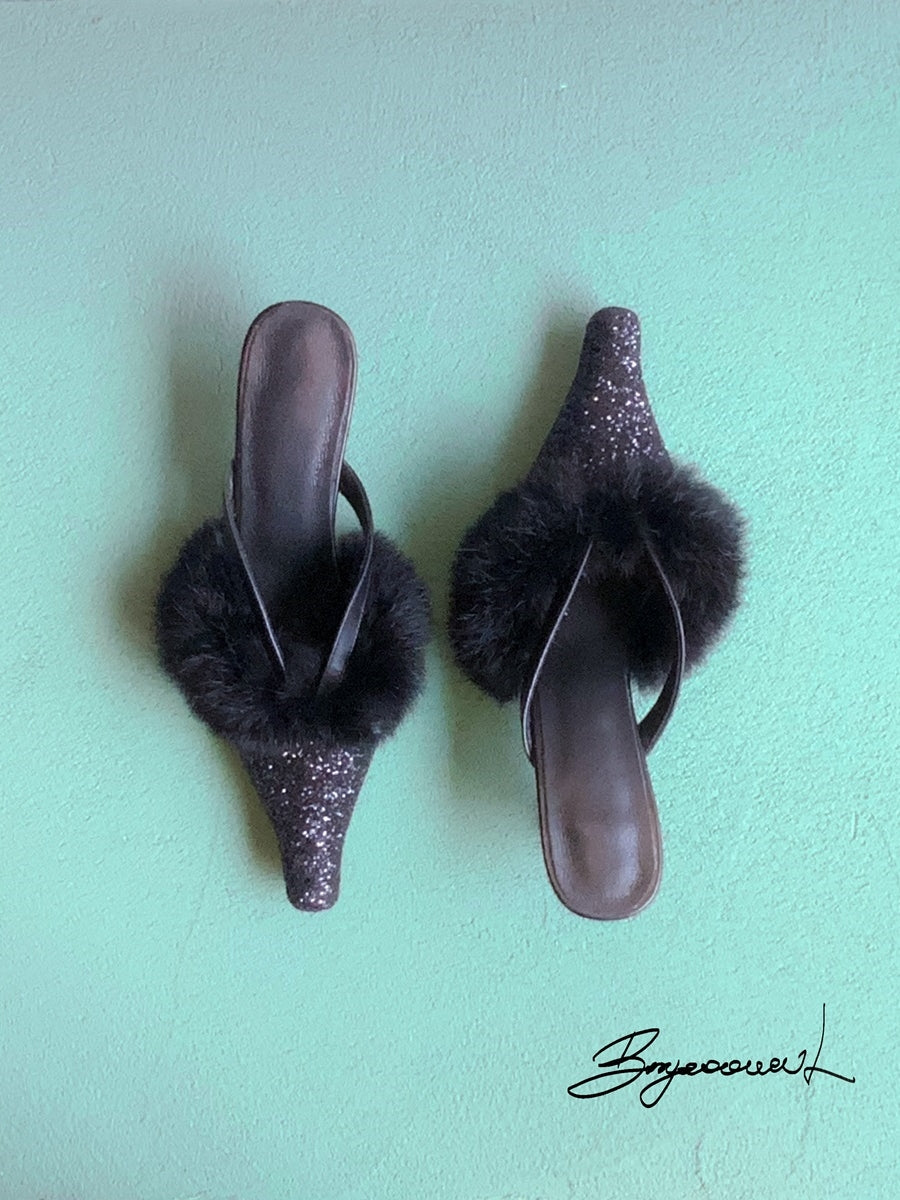 FUR GLITTER ELEGANT POINTED-TOE MULE