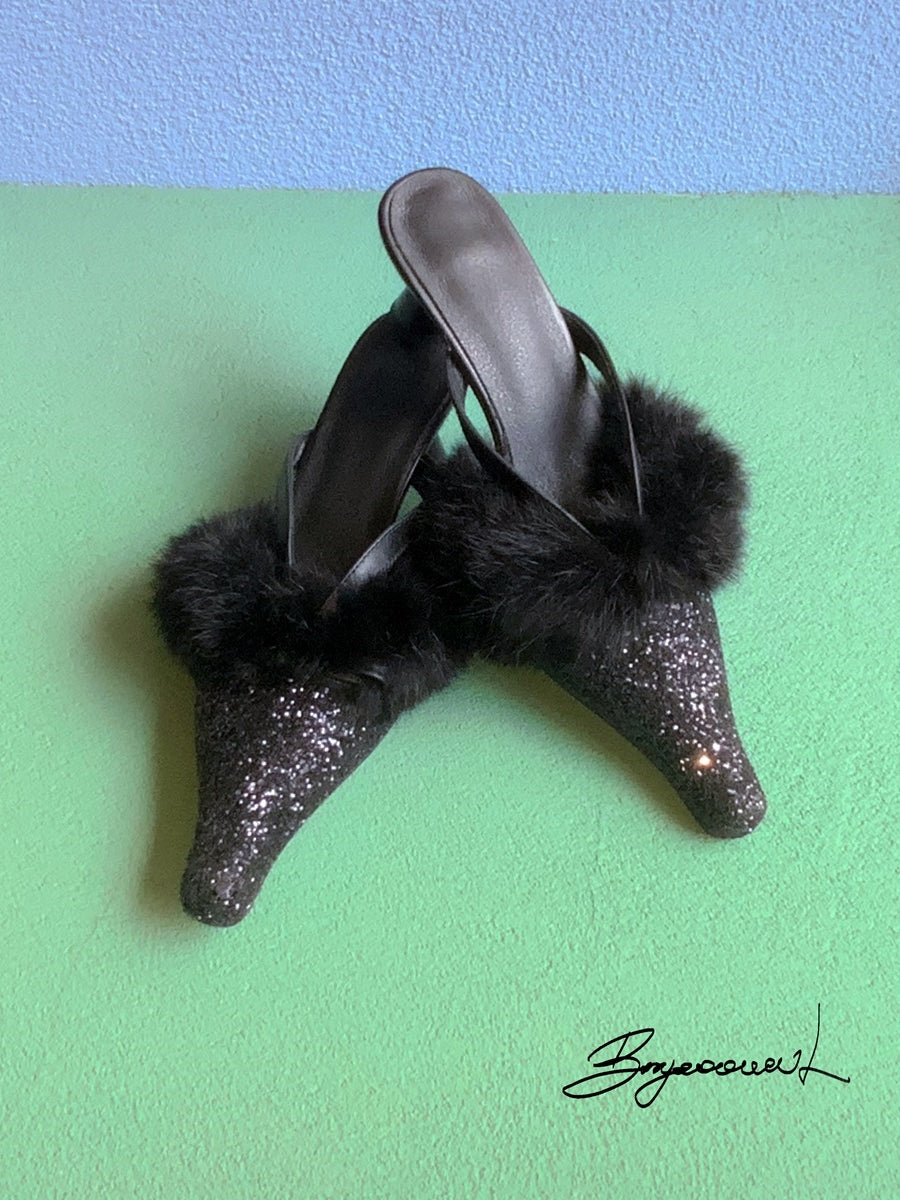 FUR GLITTER ELEGANT POINTED-TOE MULE