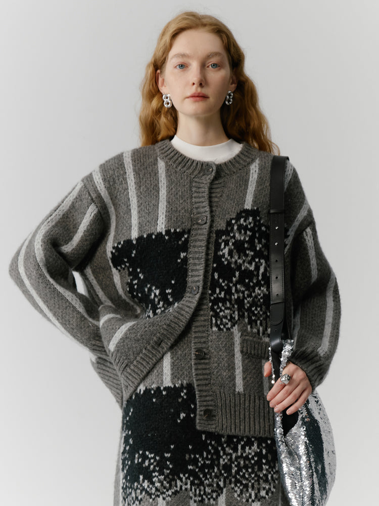 Stripe Retro Modest Knit Cardigan&Skirt
