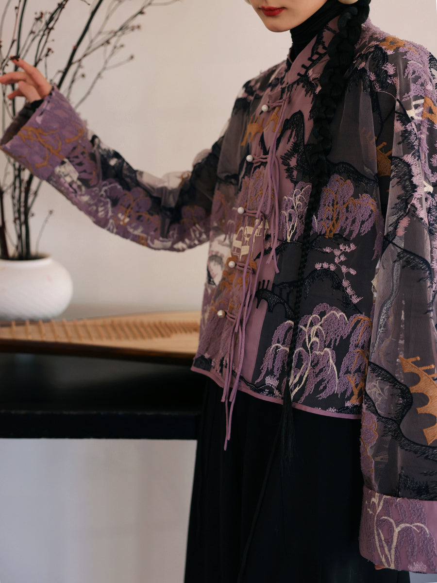 자수 중국 레트로 시프 스루 탑