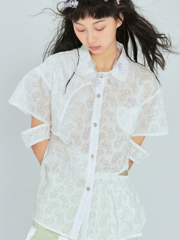 【CLEL】loose short sleeves lace shirt
