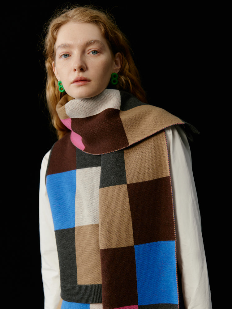 Multi-Color Colorful Block-Checked Knit Vest & Skit