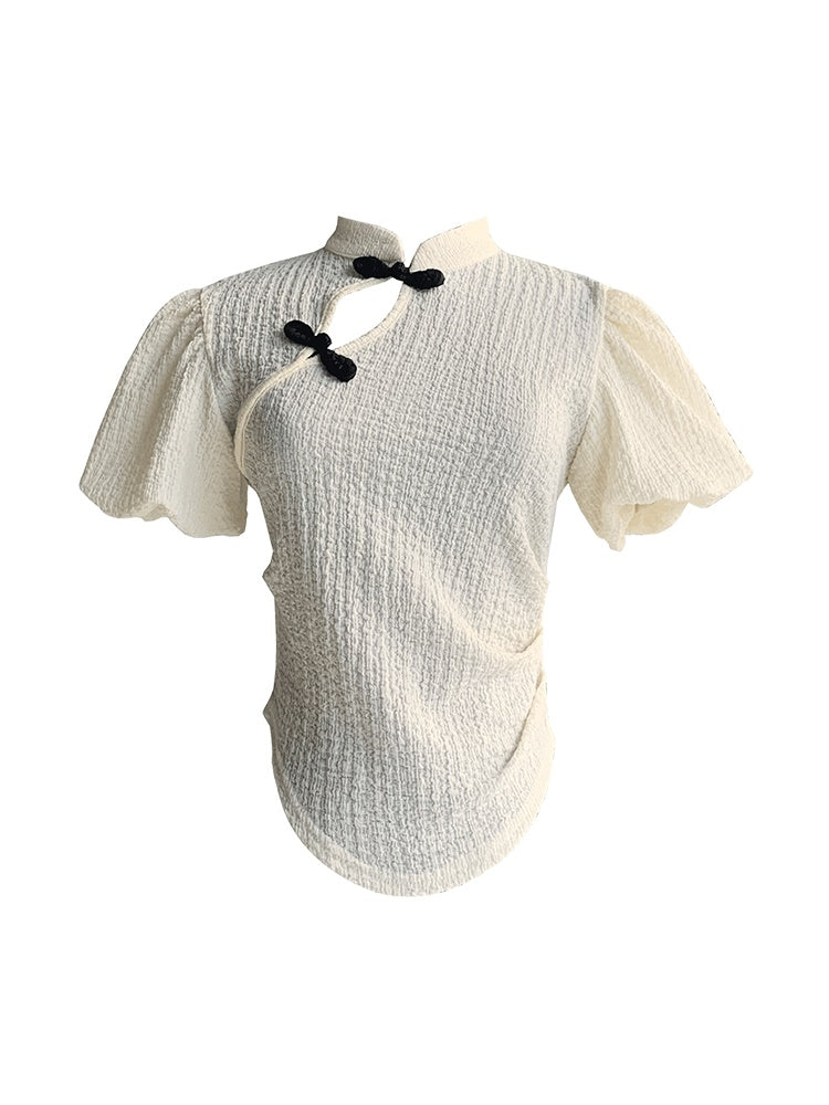 PUFF-SLEEVE FLOWER RETRO BLOUSE & PENCIL-SKIRT