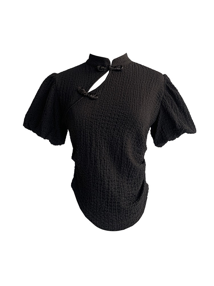 PUFF-SLEEVE FLOWER RETRO BLOUSE & PENCIL-SKIRT