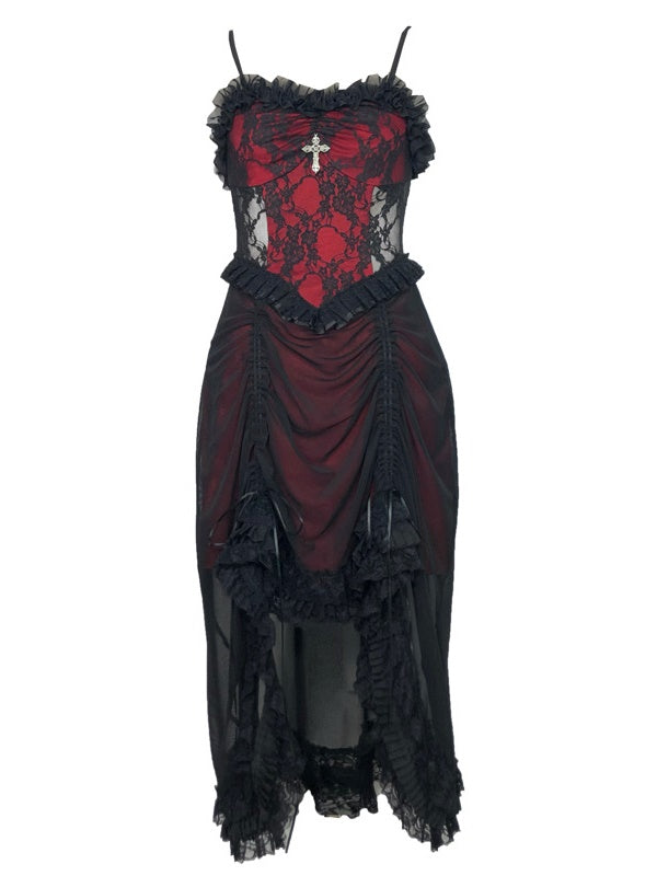 Gothic Cosplay Lace Cross Drapev Frill One-pièce