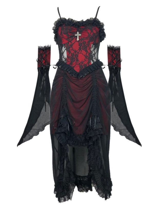 Gothic Cosplay Lace Cross Drapev Frill One-pièce