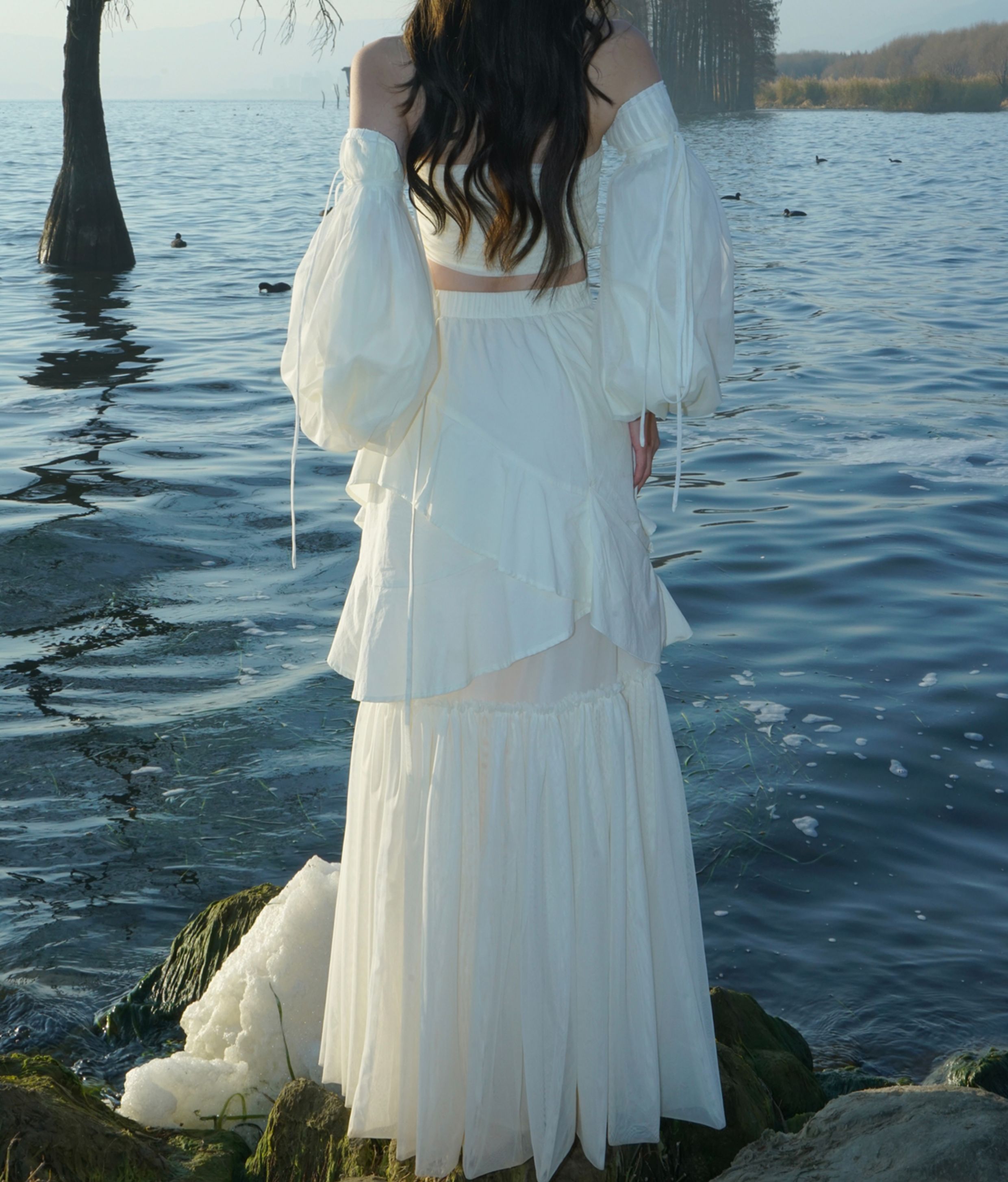 비대칭 계층 레이스 니치 긴 스커트