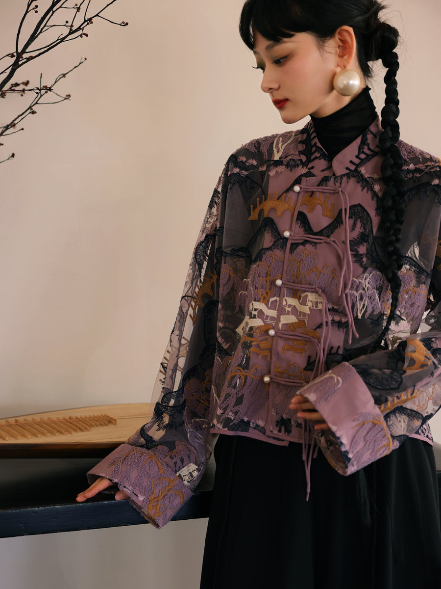 자수 중국 레트로 시프 스루 탑