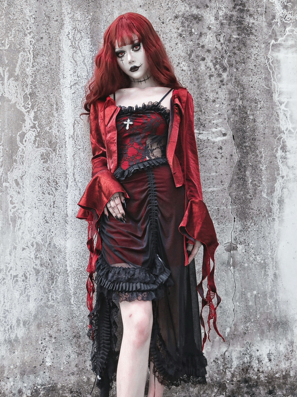Gothic Cosplay Lace Cross Drapev Frill One-pièce