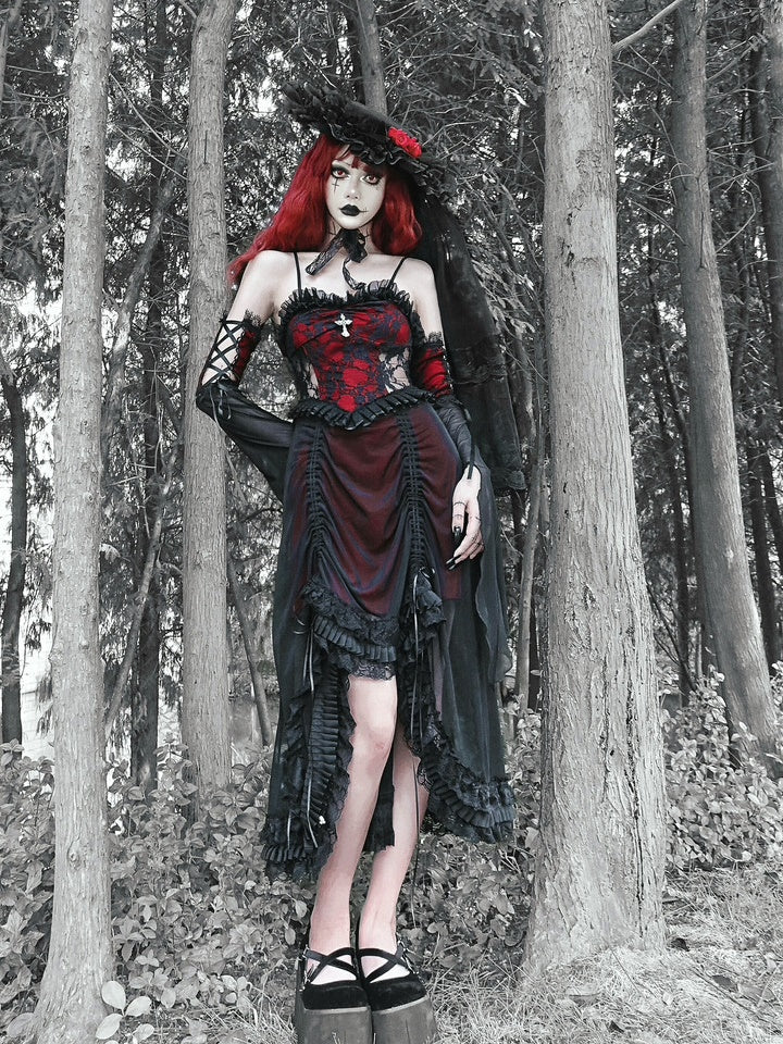Gothic Cosplay Lace Cross Drapev Frill One-pièce