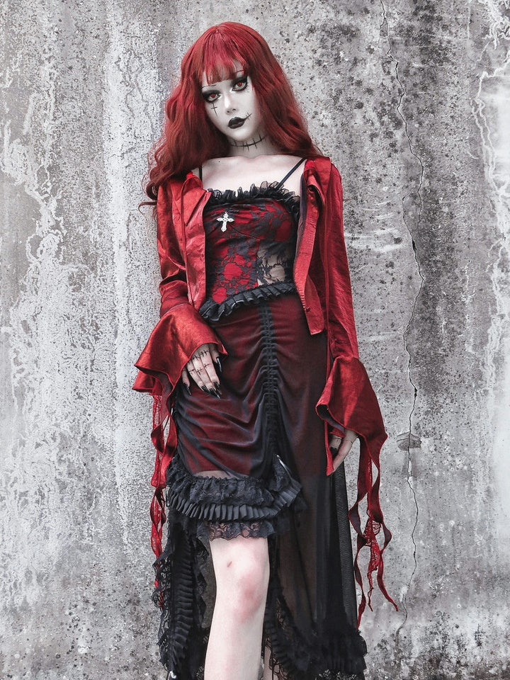 Gothic Cosplay Lace Cross Drapev Frill One-pièce