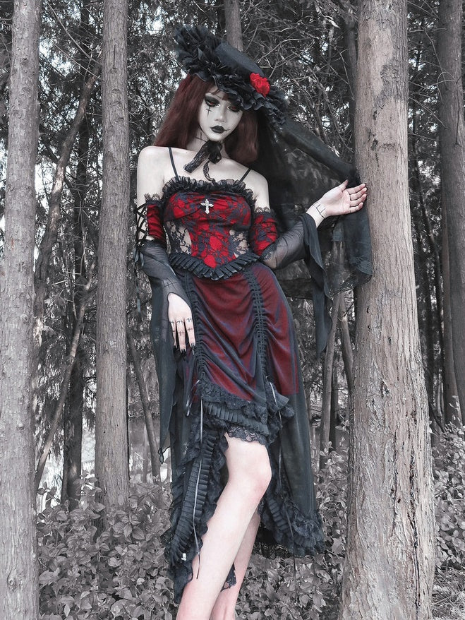Gothic Cosplay Lace Cross Drapev Frill One-pièce