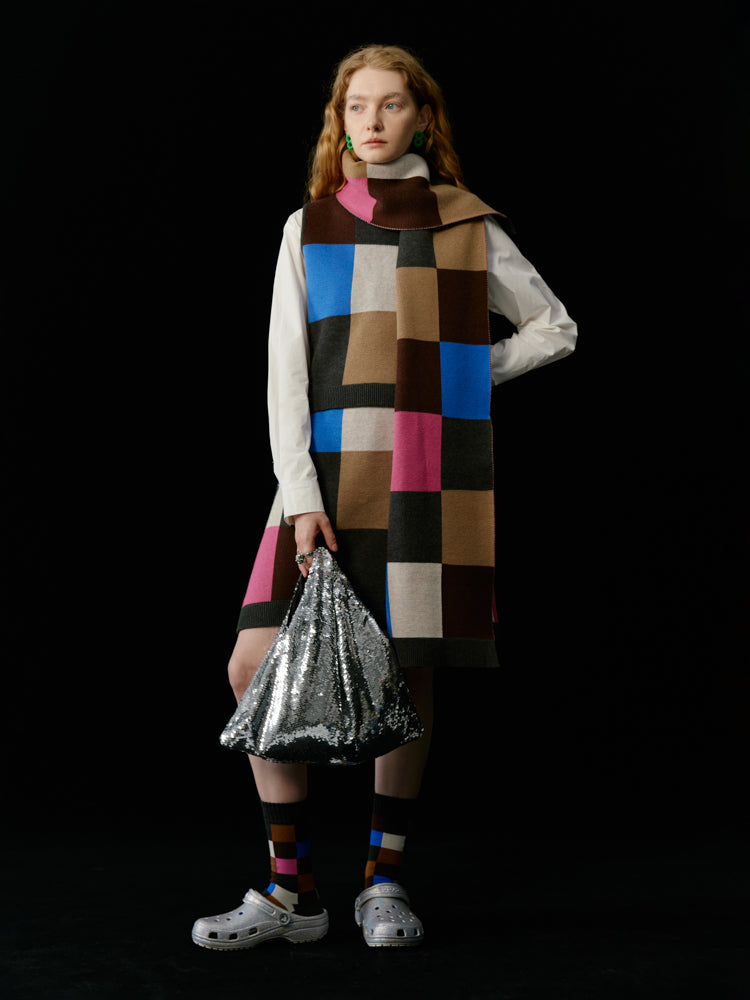 Multi-Color Colorful Block-Checked Knit Vest & Skit