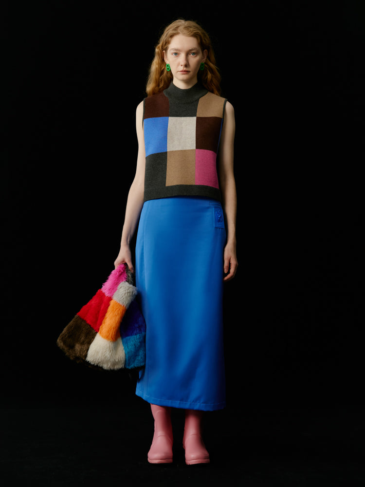 Multi-Color Colorful Block-Checked Knit Vest & Skit