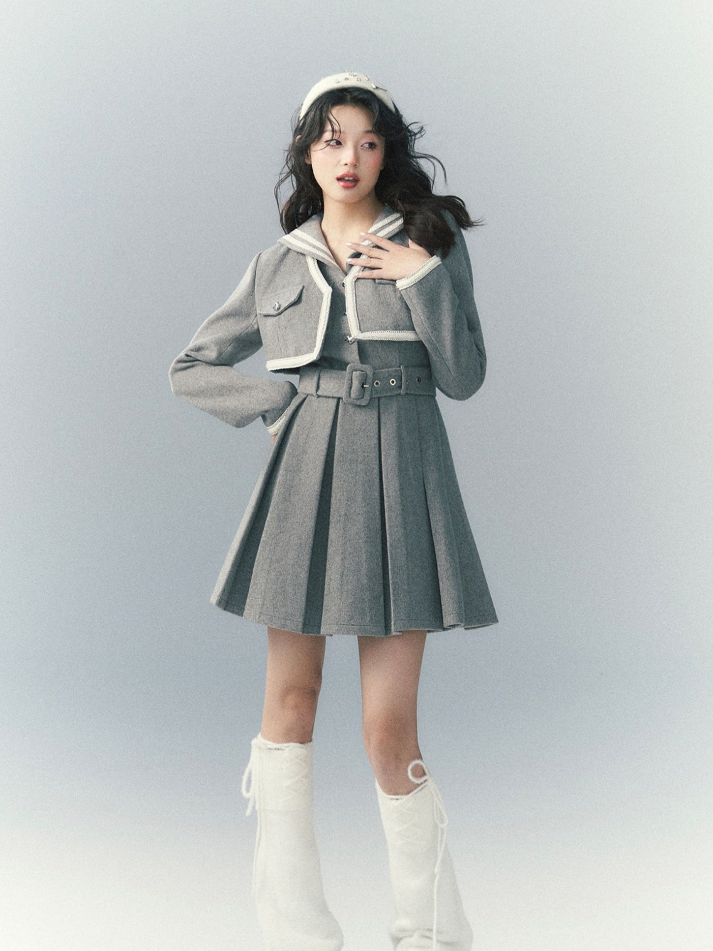 대학 스타일의 여성용 볼로로 재킷 및 원피스