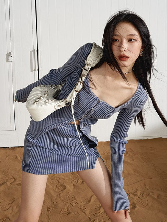 갈비뼈 꽉 섹시한 캐주얼 탑 & 스커트