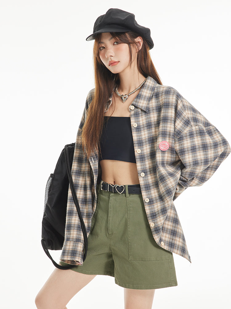 격자 무늬 대형 레트로 빈티지 셔츠