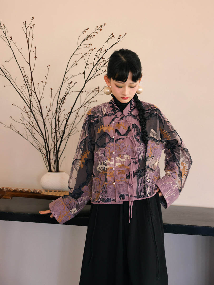 자수 중국 레트로 시프 스루 탑