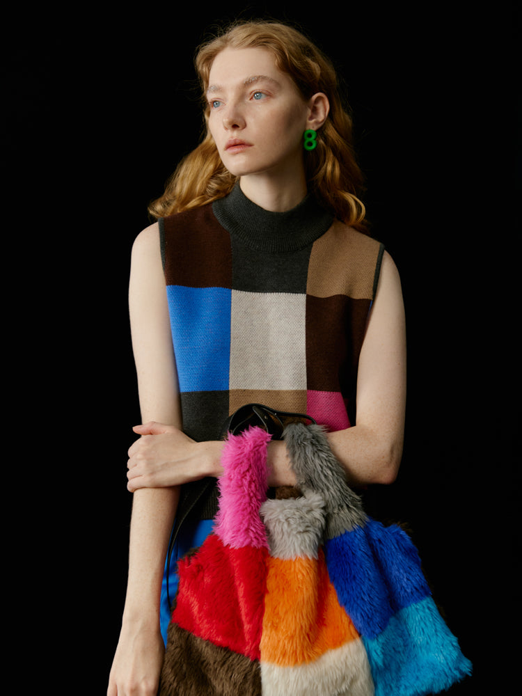 Multi-Color Colorful Block-Checked Knit Vest & Skit