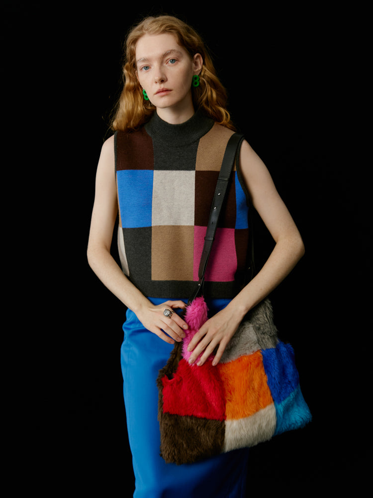 Multi-Color Colorful Block-Checked Knit Vest & Skit