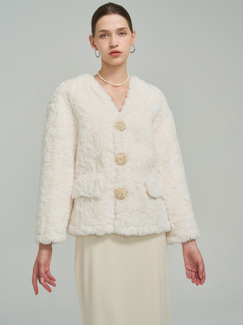 Boa Fluffy Classy Mature Middle No-collar Jacket