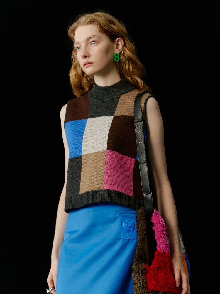 Multi-Color Colorful Block-Checked Knit Vest & Skit