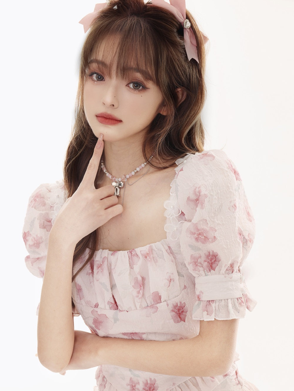 Flauschige Blumenrose Retro Spitzenrumpfblusenrock