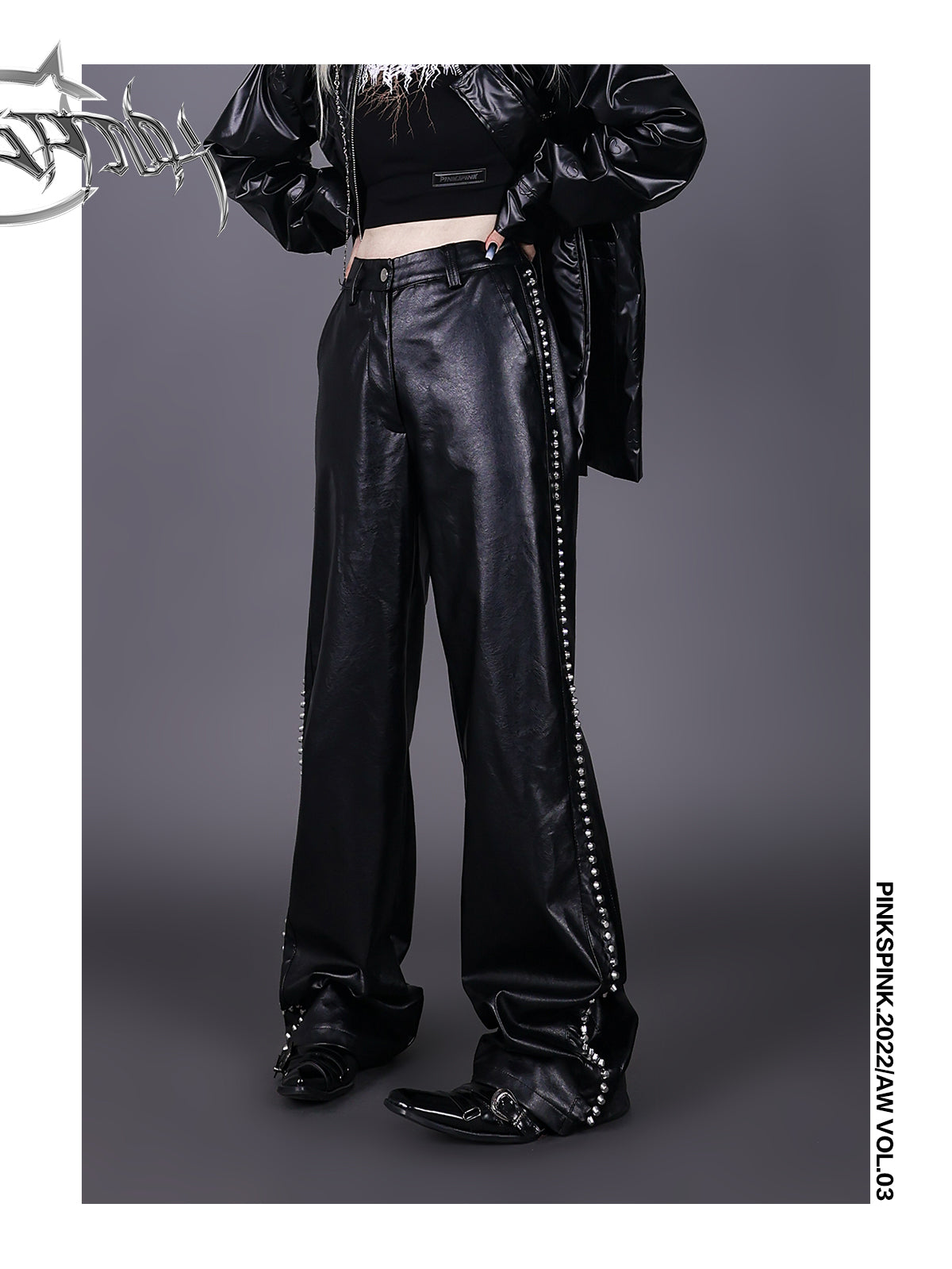 스터드 가죽 시원한 플레어 팬츠