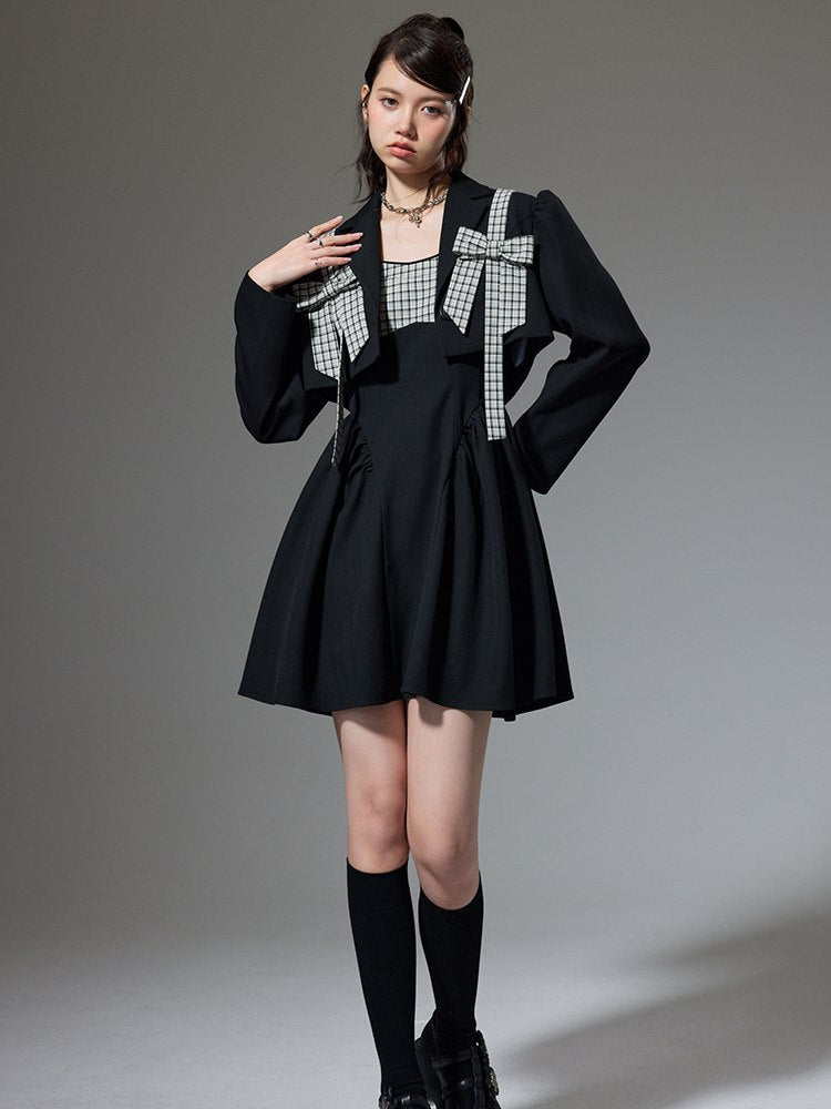Ribbon Plaid Flare short Jacket One-piece