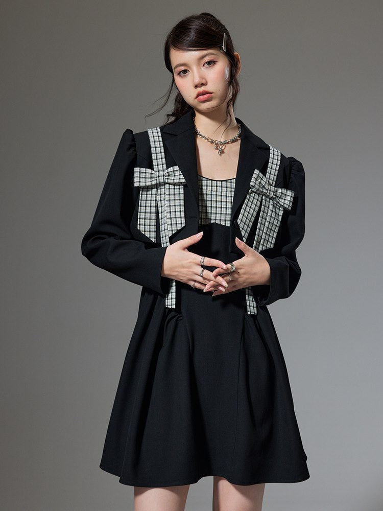 Ribbon Plaid Flare short Jacket One-piece