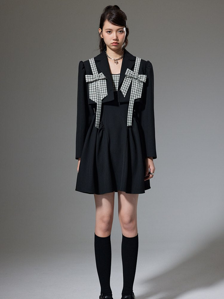 Ribbon Plaid Flare short Jacket One-piece