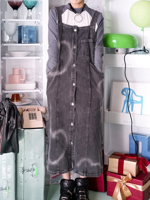 Heart Denim Long One-Piece Jumper-Skirt