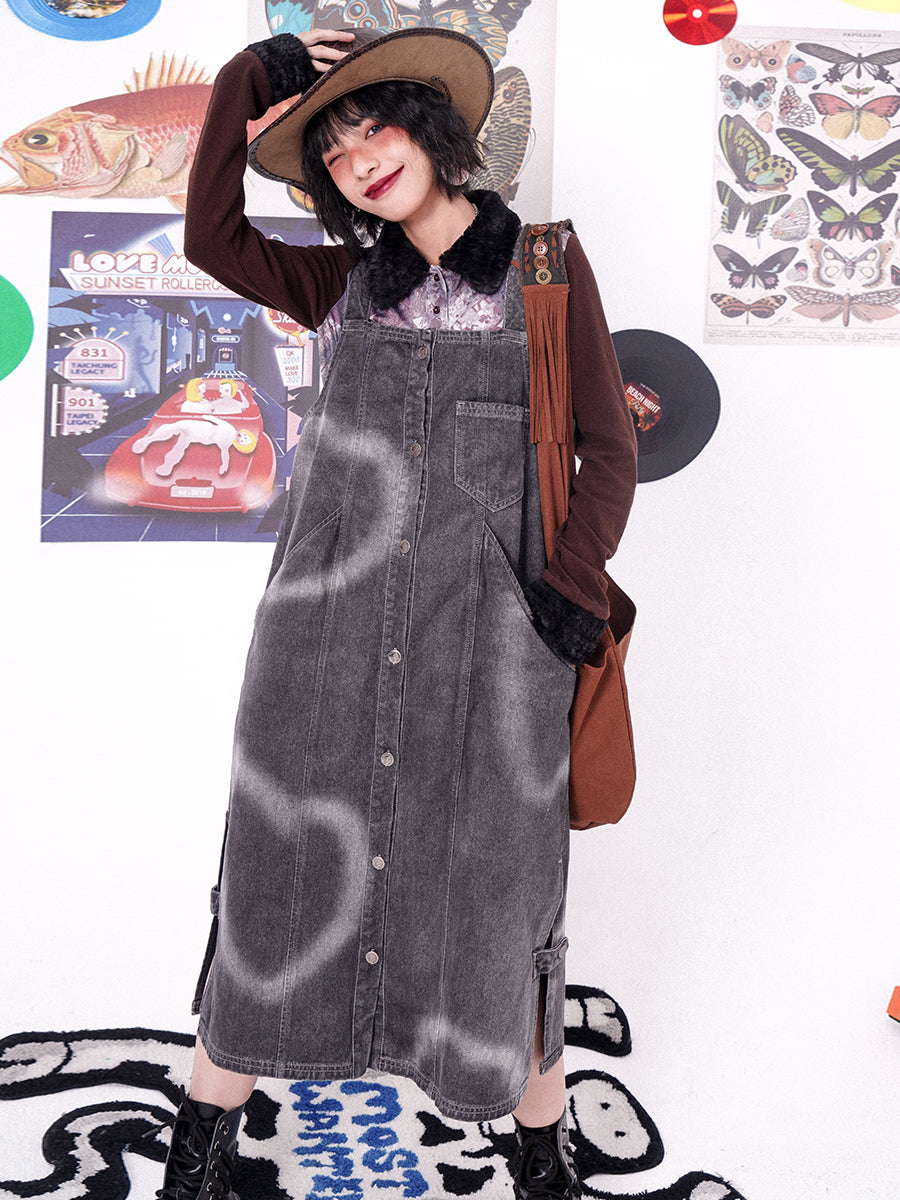 Heart Denim Long One-Piece Jumper-Skirt