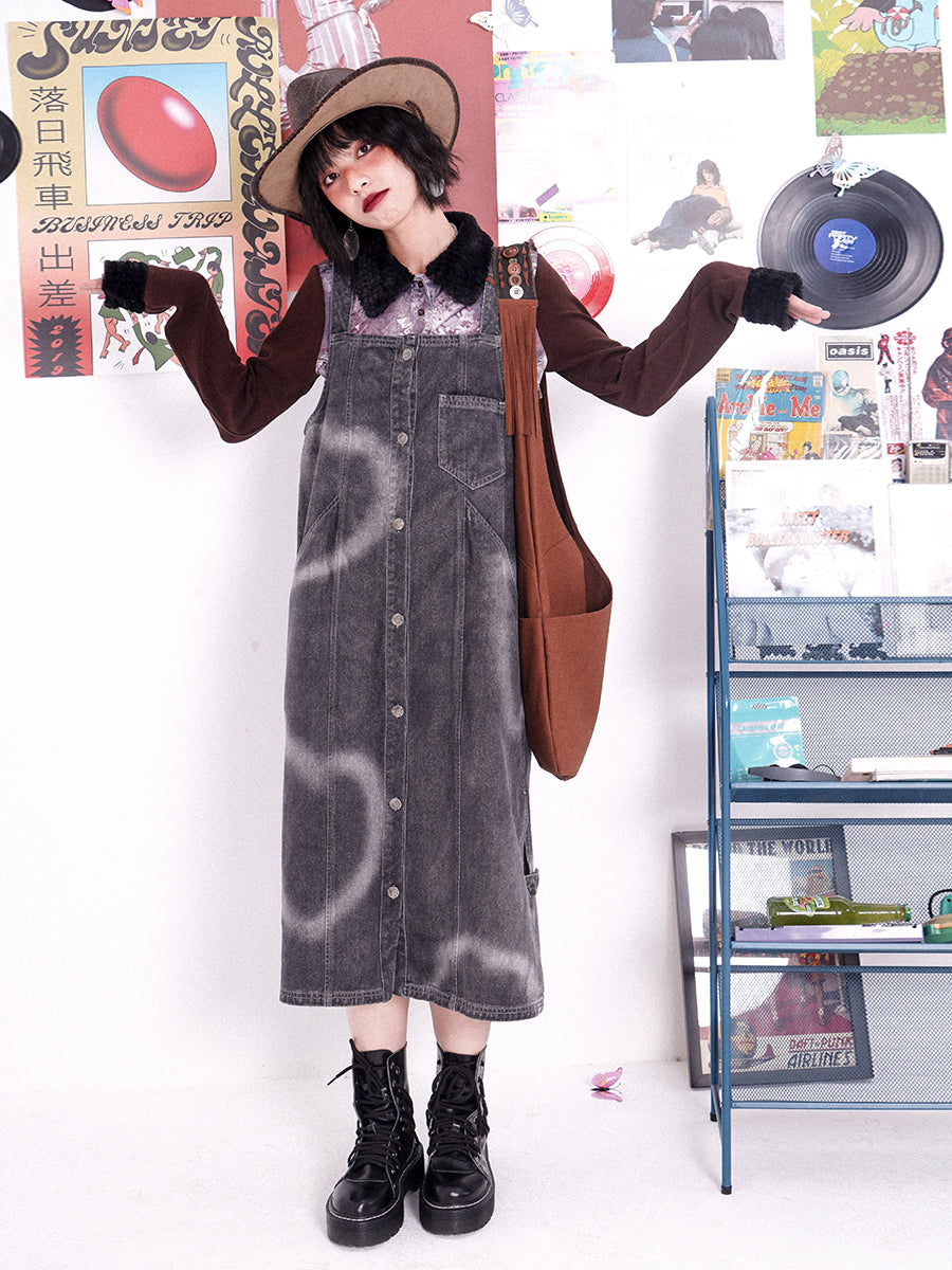 Heart Denim Long One-Piece Jumper-Skirt